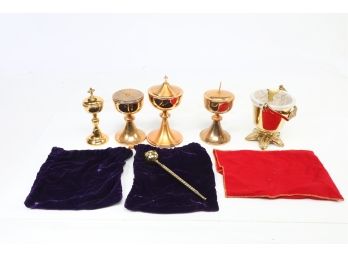 Group Of Vintage Church Items Including Chalices, Ciborium, Water Bucket And Sprinkler