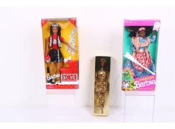 Lot Of 3 Barbies Jamaican, 101 Dalmation Barbie New In Boxes, One Preowned 1990 Nigerian Barbie In Regular Box