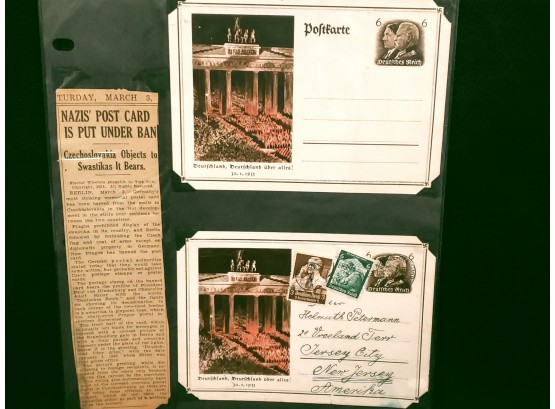 Nazi German Postcards, 1 Mailed 1 Not, With Newspaper Clipping Announcing Banned Postcards