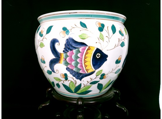 Large Chinese Ceramic Planter With Fish Design With Stand