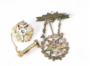Antique Order Of The Eastern Star Worthy Matron Pins,  14K Gold With Stone