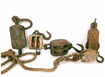 Mixed Lot Of Vintage Wooden Pulleys Block And Tackle