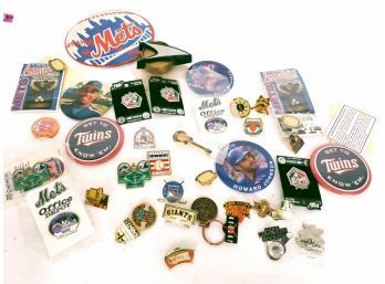 Collection Of Various Sports Pins And Buttons, New York Baseball, Hockey  And More