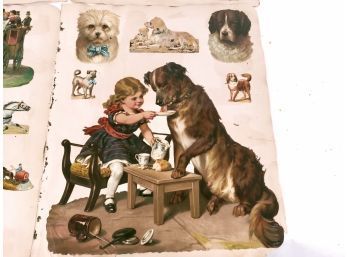 Victorian Die Cuts Large Girl Feeding Dog,  Dogs, Flowers,  Horses