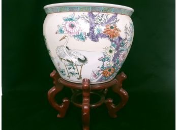 Large Asian Style Ceramic Planter With Storks (1 Of 2) With Stand