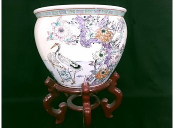 Large Asian Style Ceramic Planter With Storks (2 Of 2) With Stand