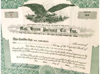 Vintage Stock Certificates In Book For Mott Packing Company Of NY