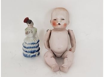 German Bisque Jointed Baby And Small Occupied Japan Ceramic Lady