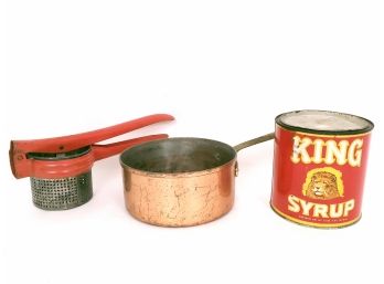Kitchen Decor Lot, King Syrup Tin, Tags Copper Pot, Red  Hand Juicer