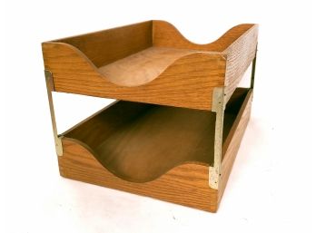 Vintage Dovetailed Wood And Brass 2 Tier File Desk Organizer