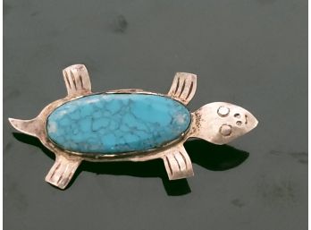 MG Sterling Silver Turtle Pin Brooch With Turquoise