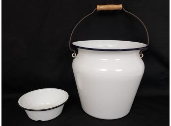 Nice Farmhouse Enamel Bowl And Handled Bucket