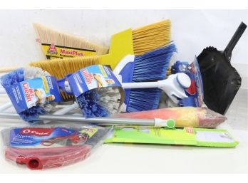 Large Group Of Cleaning Supplies Includes Dusters, Brooms & Mop