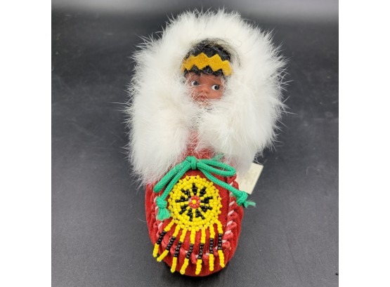 Vintage Eskimo Baby Doll In A Beaded Suede Leather Moccasin