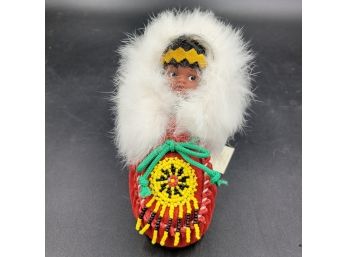 Vintage Eskimo Baby Doll In A Beaded Suede Leather Moccasin