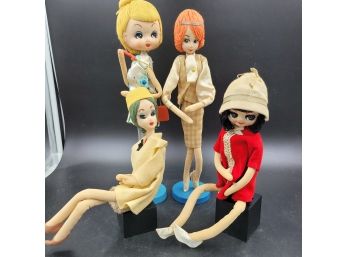 Lot Of 4 Mid Century Silk Head Cloth Fashion Dolls - Japan