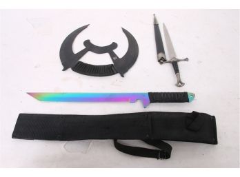 United Black Ronin Ninja Ring Blade Plus Pair Of Fixed Blade Knives