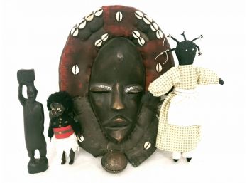 Mixsd African Art Lot, Mask, Dolls, Carved Figure Possibly Ebony