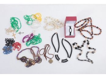 Box Lot Costume Jewelry, Rosaries And Anne Klein Watch