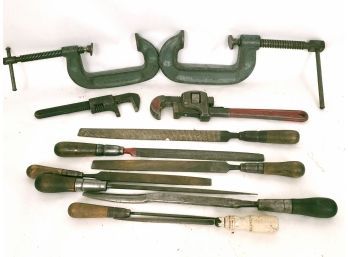 Mixed Tool Lot,  Wilton C Clamps, Pipe Wrenches And Files