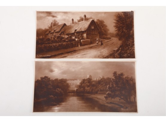 2 Circa 1900 Photographic Artist Elmer Keene Prints 'Ann Hathaway's Cottage' & 'Warwick Castle'