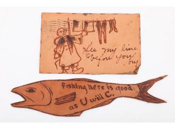 2 Early 1900's Leather Postcards 1 Fish Shaped