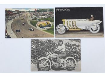 3 Early To Mid 1900's Vehicle Postcards - 2 Racing, 1 Motorcycle 'Doll'