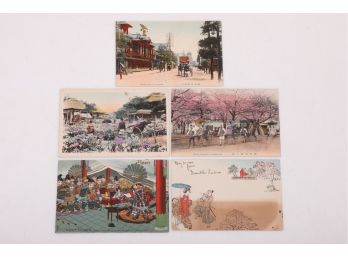 5 Early 1900's Japanese Postcards, 3 Hand Colored