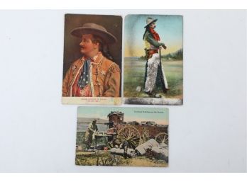 3 Early 1900's Western Themed Postcards, Buckskin Bill, Pawnee Bill, & Cowboy's Kitchen