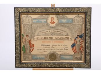1917 Framed Societa' Guglielmo Marconi Di Mutuo Soccorso Membership Certificate