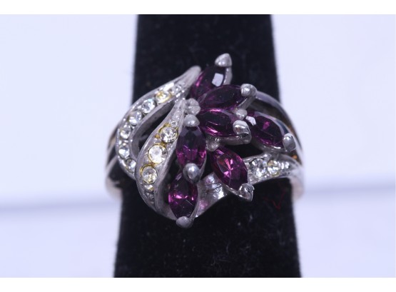 Sterling Silver  Purple And Clear Stones Ladies Ring Size 7
