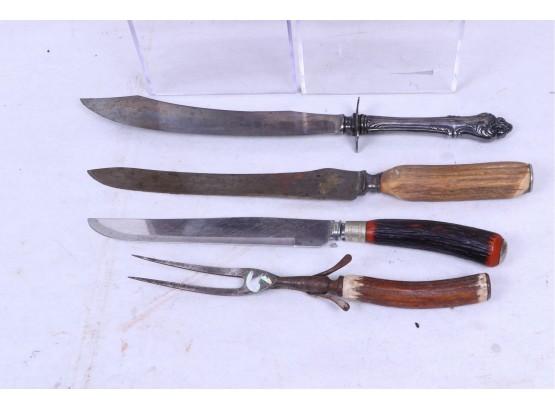 Group Of Large Antique Stag Handles Knifes And Forks With Antique Wooden Box