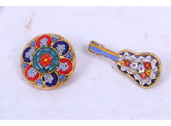 2 Vintage Italian Micro Mosaic Ladies Pins