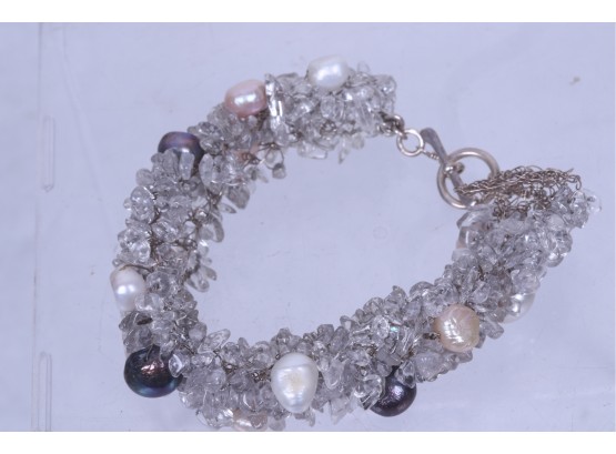 Sterling Silver Cristal Real White And Black Pearls Ladies Bracelet