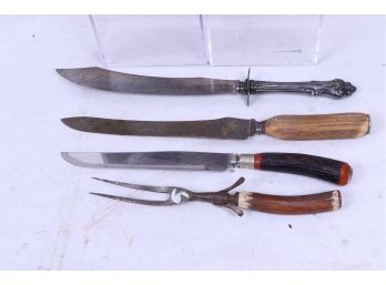 Group Of Large Antique Stag Handles Knifes And Forks With Antique Wooden Box