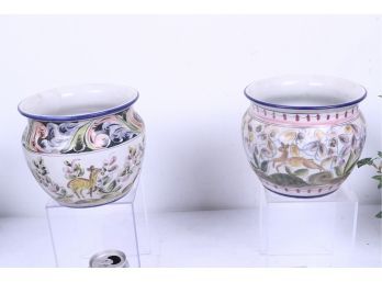 Pair Of Hand Painted Porcelain Planters - Signed