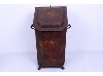 Antique  Hand Painted Tin Metal  Coal Box