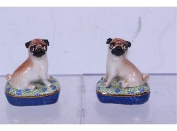 Pair Of Cute Porcelain Dog Statues Signed By Artist