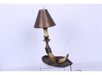 Antique Boar Tusk And Hand Hammered Lamp