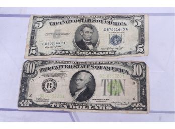 US 1934 10 Dollar Note And 5 Dollar Silver Certificate