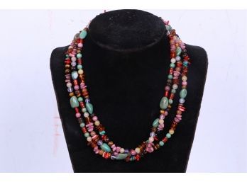 Sterling Silver And Semi-Precious Stones Necklace -amber, Jade, Coral Etc