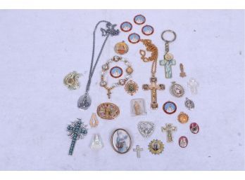 Group Of Vintage Catholic Medallions And Crosses