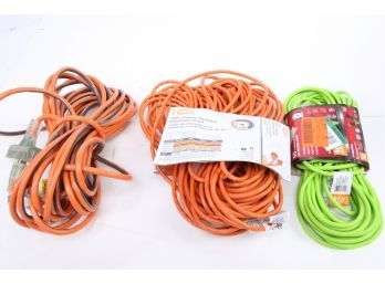 Group Of 3 Extension Cords 1- 12 Gauge 50' With 3 Prong Head 1 100' Orange & 1 -50' Green