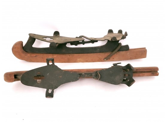 Early Antique Iron Ice Skates With Wooden Skate Saver Guards