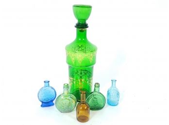 Green Bohemian Glass Decanter With Small Colorful Bottle Collection