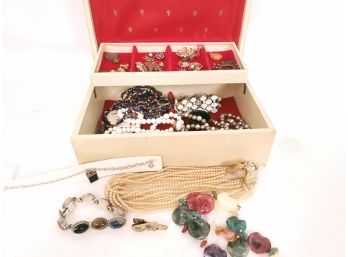 Costumes Jewelry Box With Trifari Pears, Mexico Sterling Silver Bracelet And More