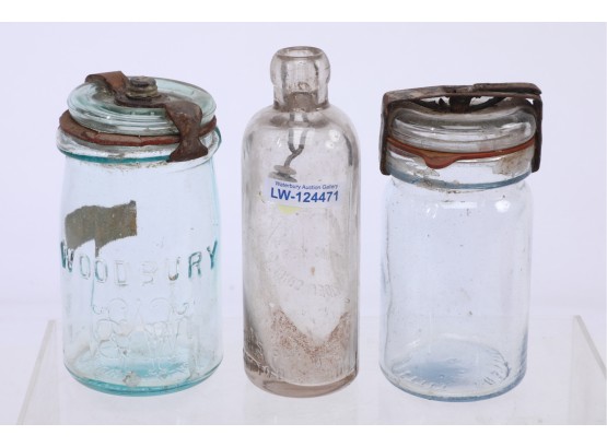 2 1800's Canning Jars - Woodbury & Pettit With Meriden CT Aurora Springs Bottling Works Bottle