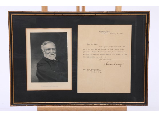 Framed Andrew Carnegie Steel Engraving With Signed 1908 Letter