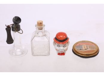 Small Grouping Of Misc - Telephone Glass Candy Ceramic Carnival Can Head, Ink Bottle & Waterbury Compact
