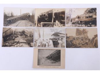 7 Early 1900's Misc. Conn Train & Trolley Wrecks, 6 RPPC, 1 Print